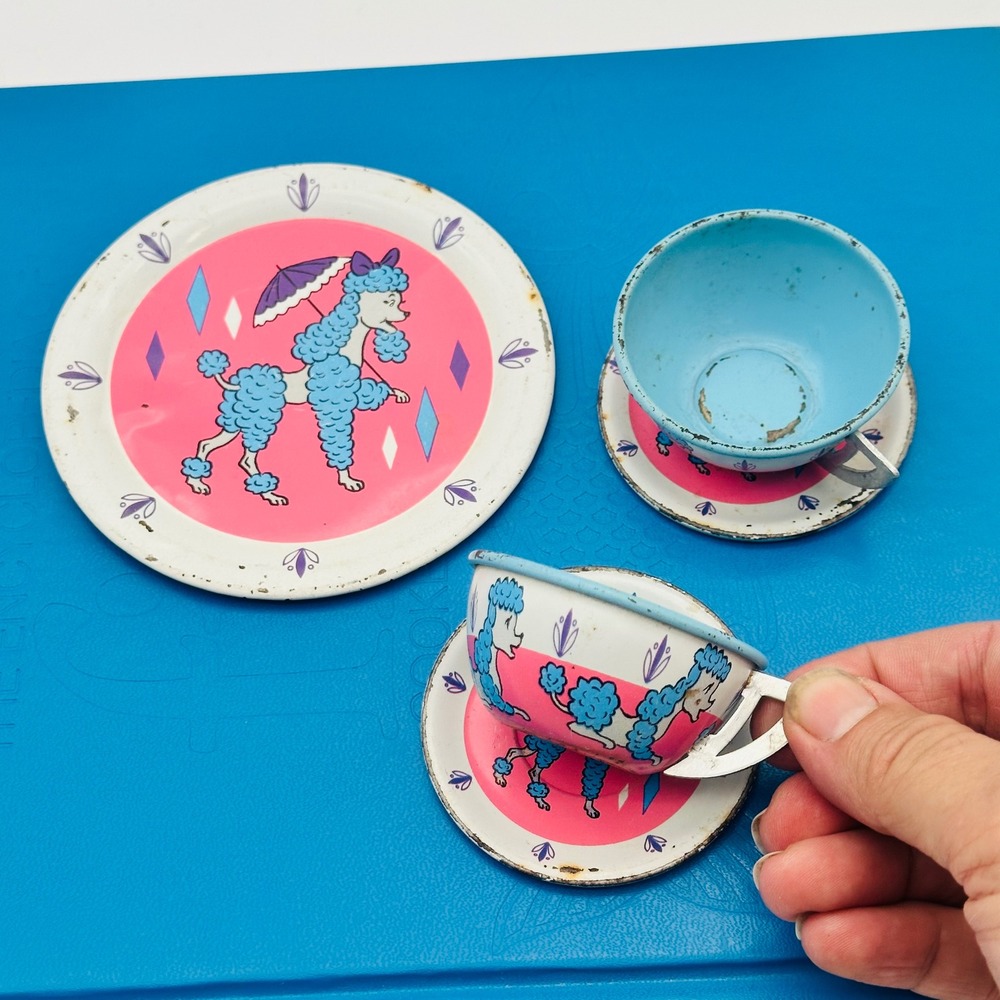 Vintage Ohio Art Tin Poodle Tea Set 5 pieces Pink Blue Litho Toy Rusty Crusty